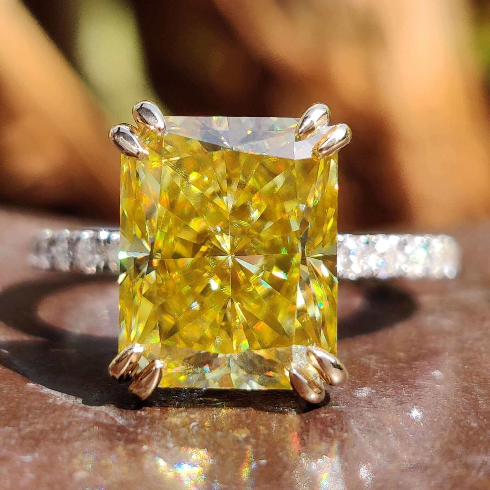 Close-Up of Radiant Cut Yellow Moissanite Engagement Ring