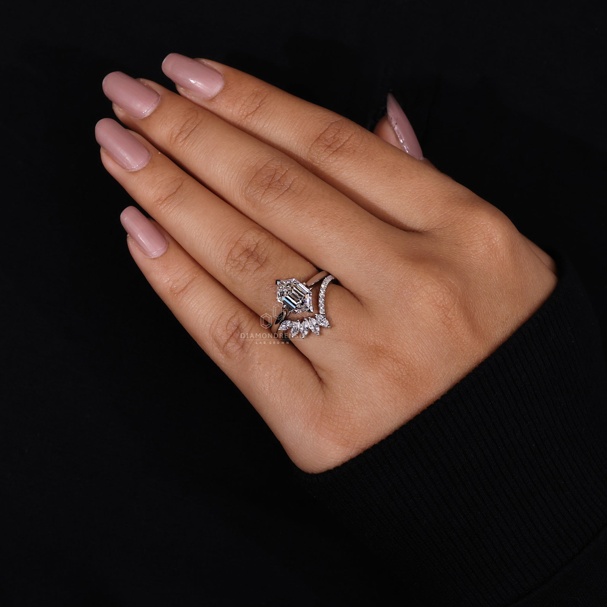 Solitaire engagement ring with a curved wedding band for perfect stacking.
