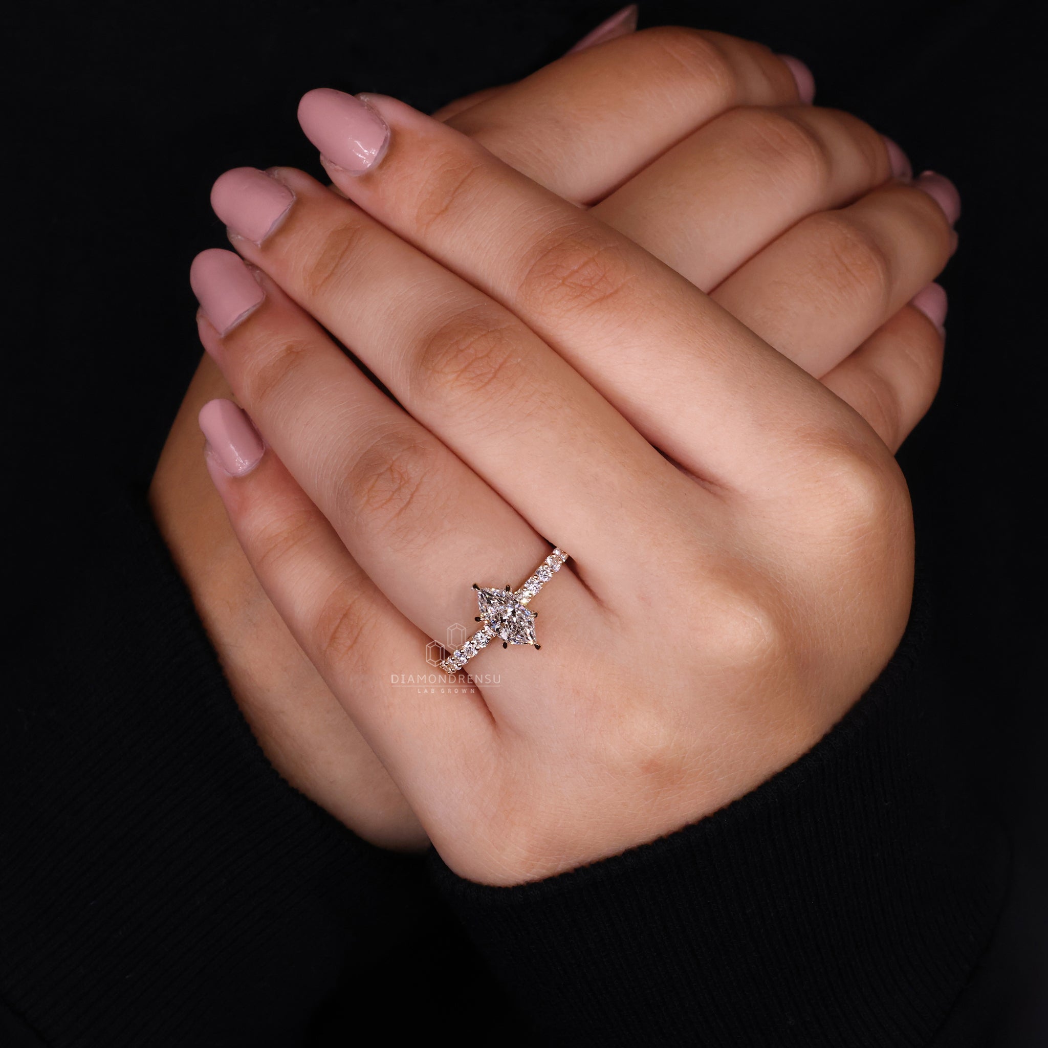 Round cut diamond ring paired with pave setting ring.

