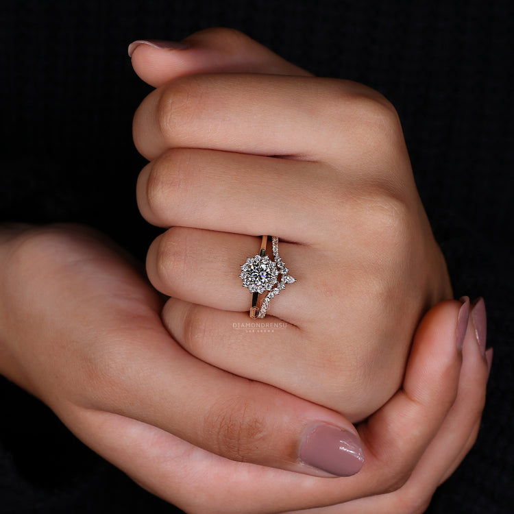 Lab Grown Diamond halo ring set in yellow gold with curved band.
