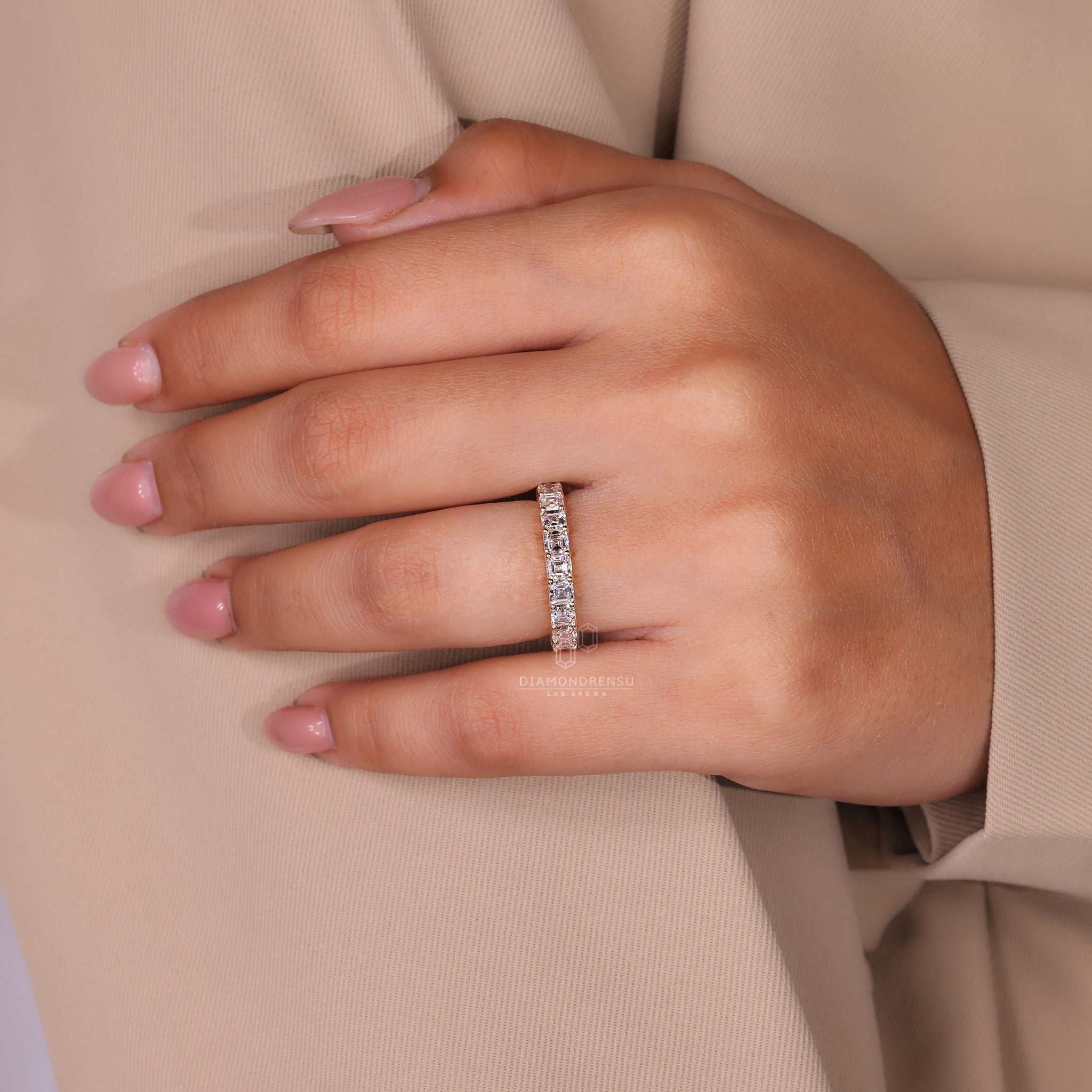 Lab diamond half eternity band in gold.
