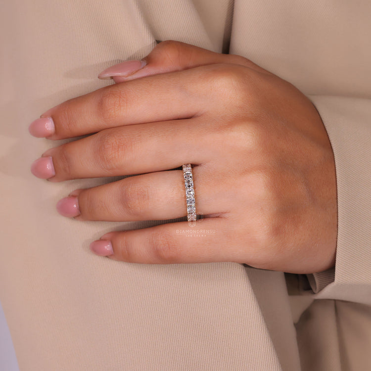 Lab diamond half eternity band in gold.
