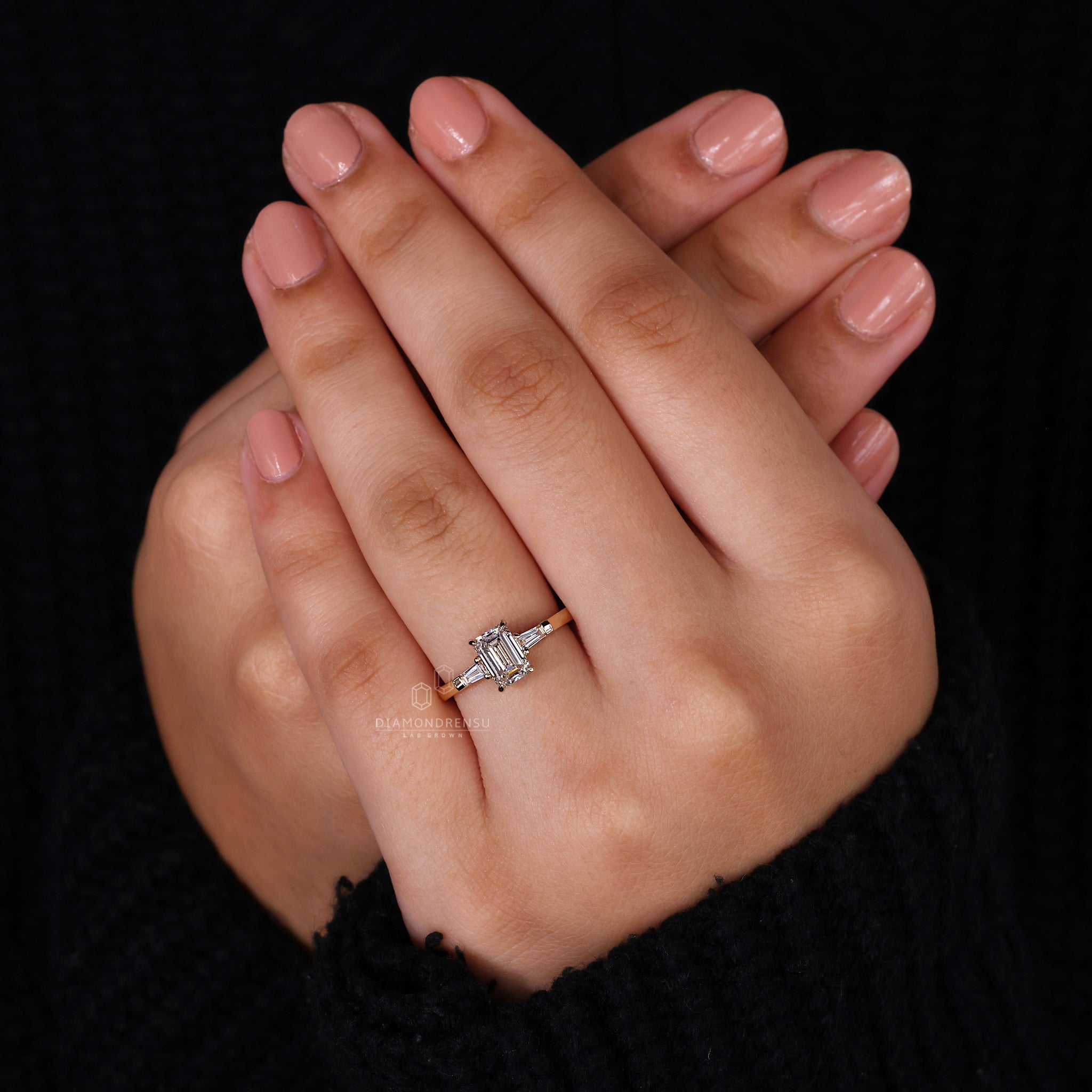 Emerald diamond engagement ring crafted with lab diamond, IGI certified and custom-made.
