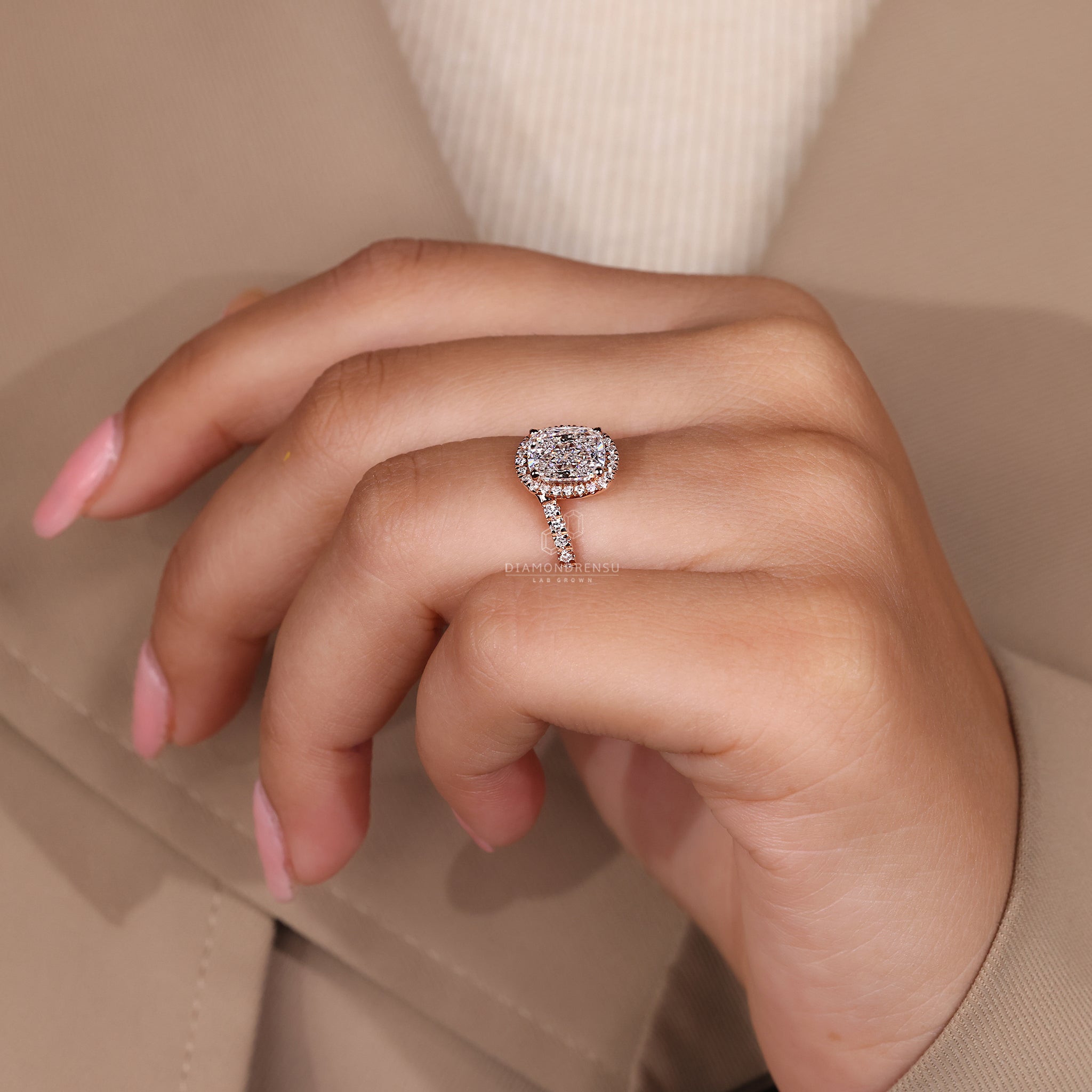 Pave round cut diamond band with cushion center.
