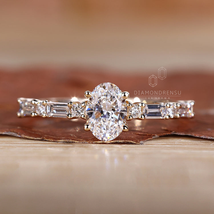 UK engagement ring with baguette side stones.
