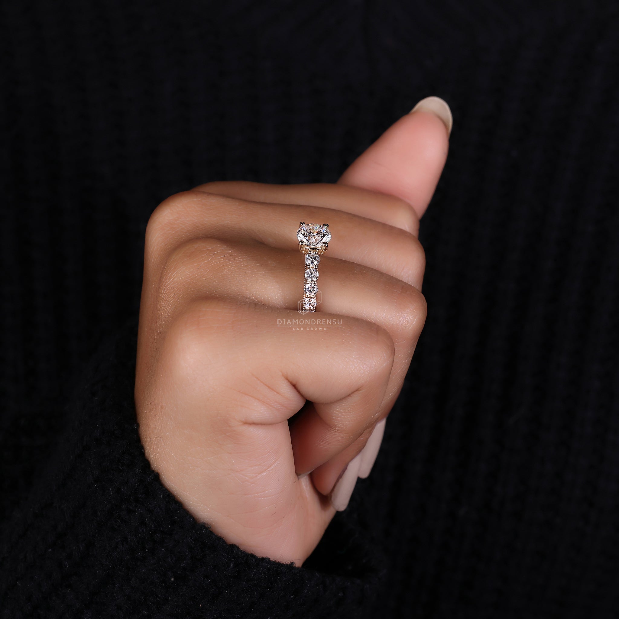 Lab grown diamond set in a prong setting ring.
