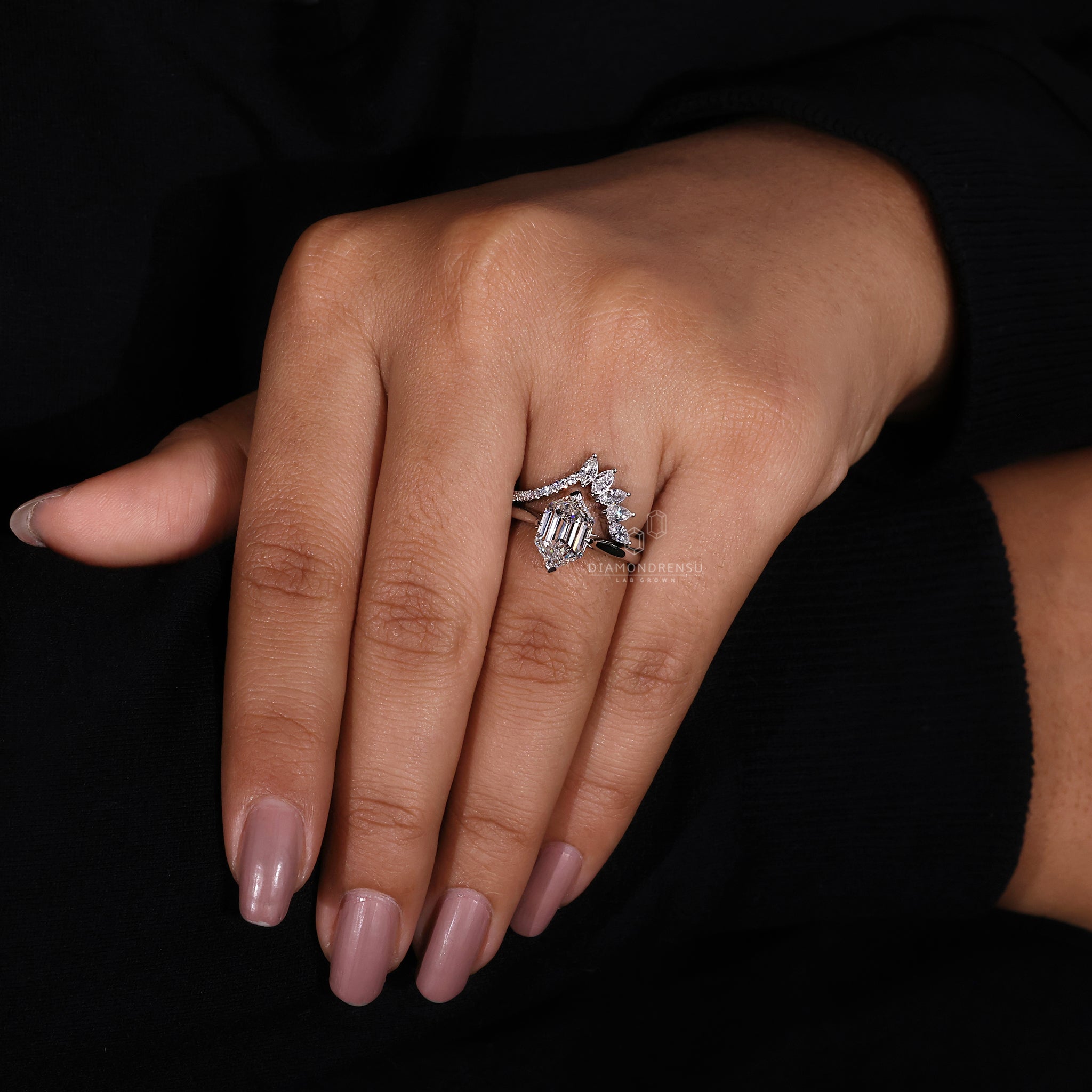 Handmade tiara wedding band set with marquise and round diamonds.
