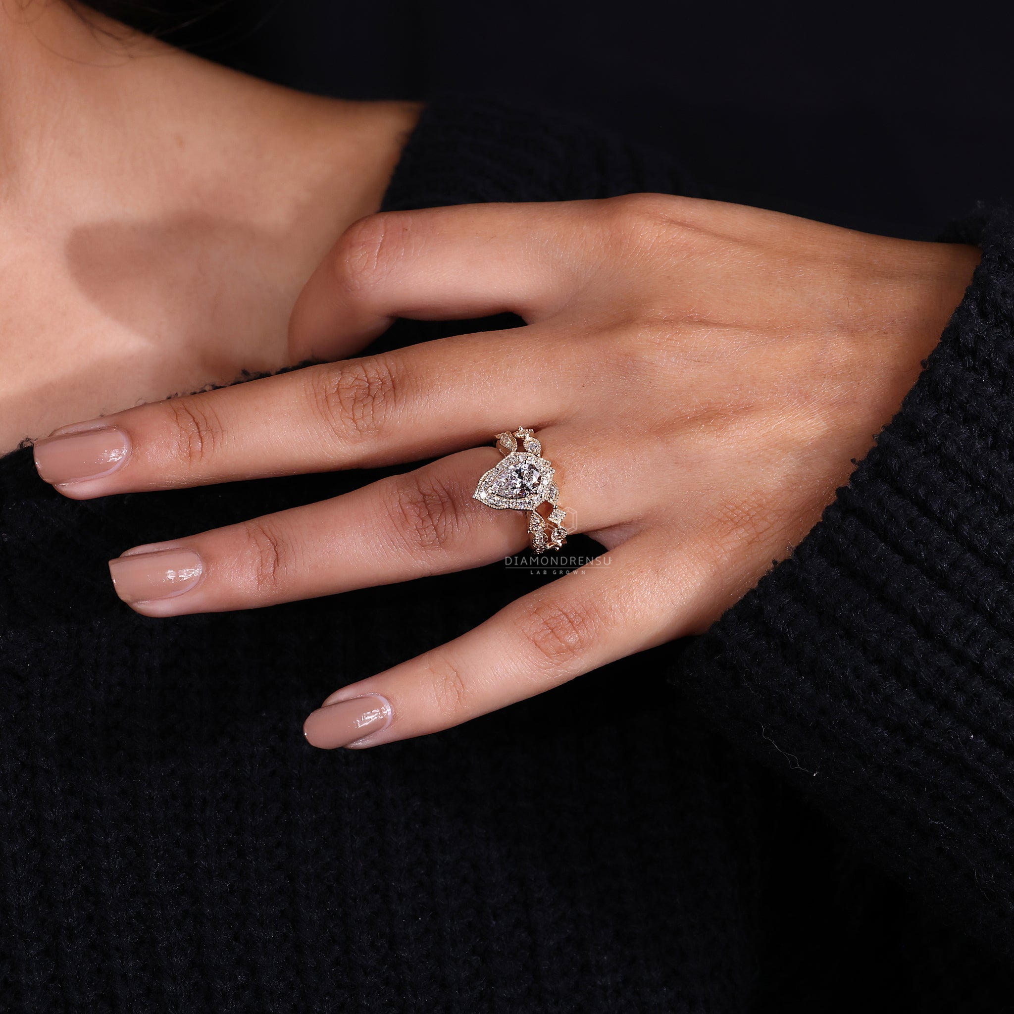 Marquise shape outline shank with 3/4 eternity band and round cut diamond band.
