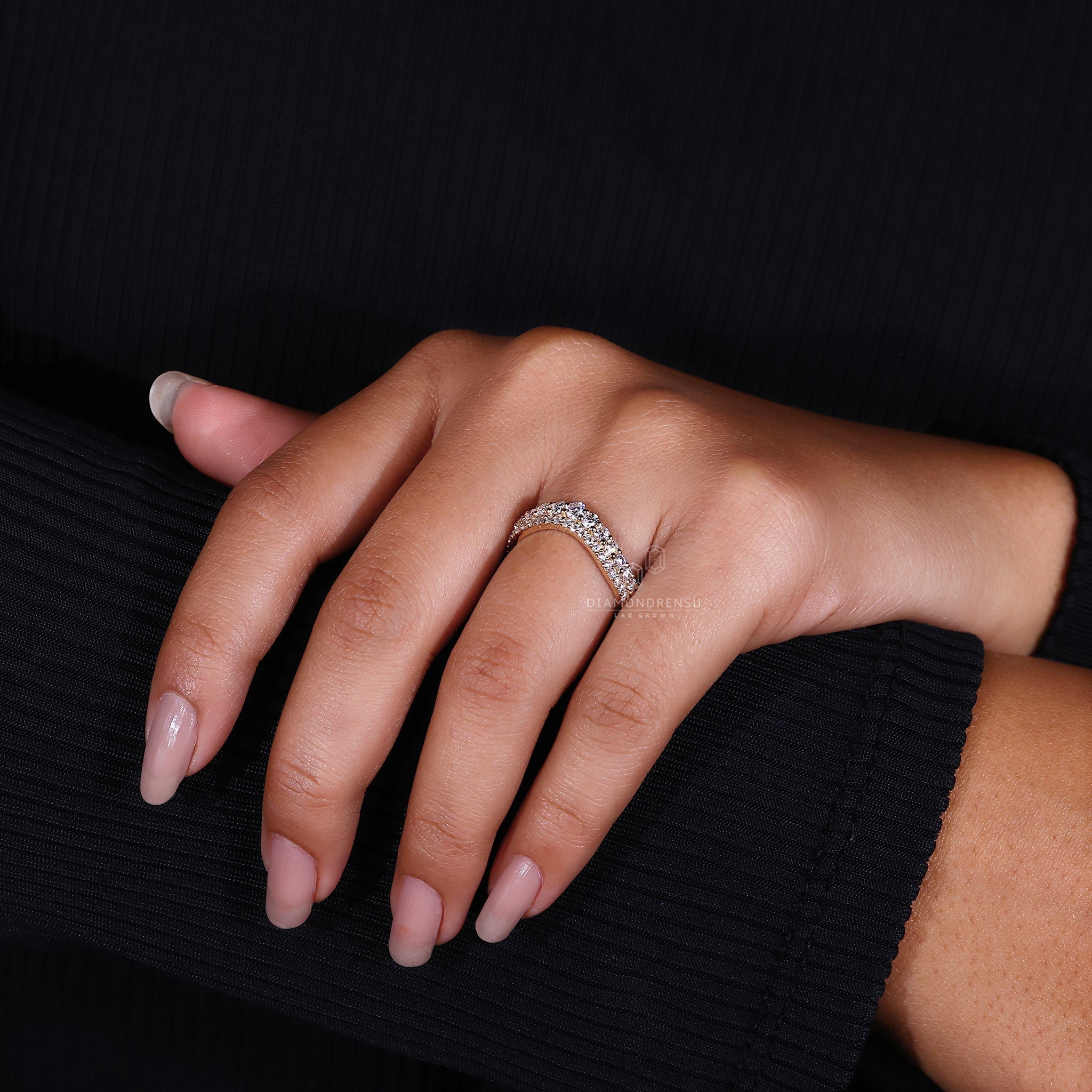 Stackable yellow gold diamond wedding band.
