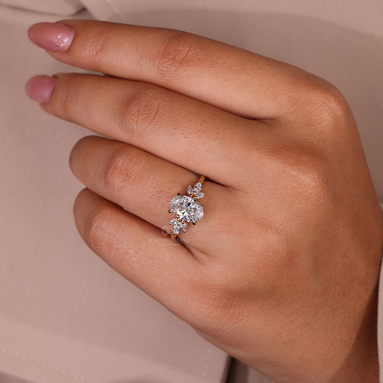 Unique engagement ring with marquise and round diamond mix.
