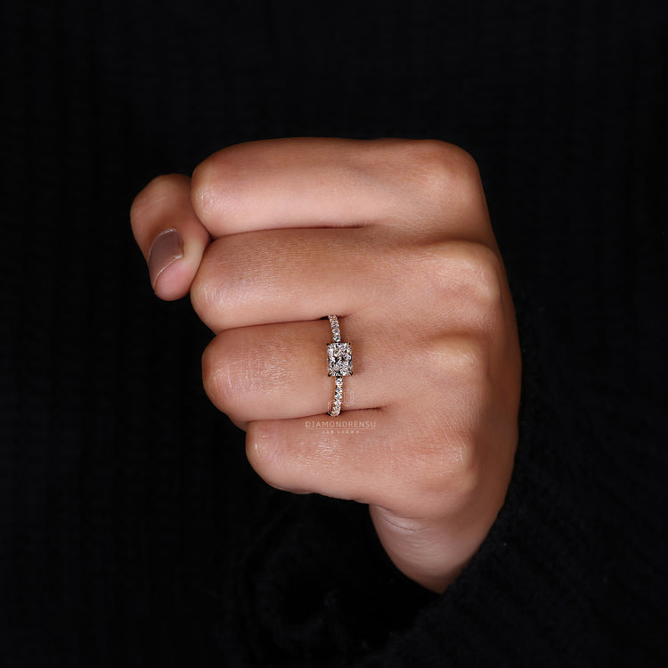 Lab diamond ring with radiant diamond center and prong set design.
