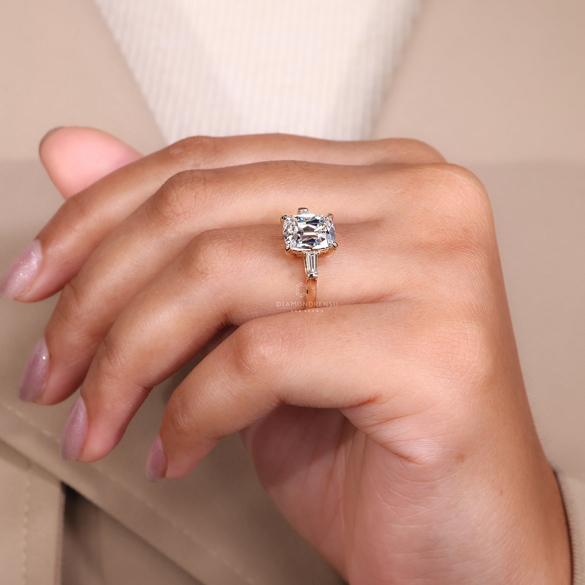 Unique ring with old mine cut and yellow gold band.
