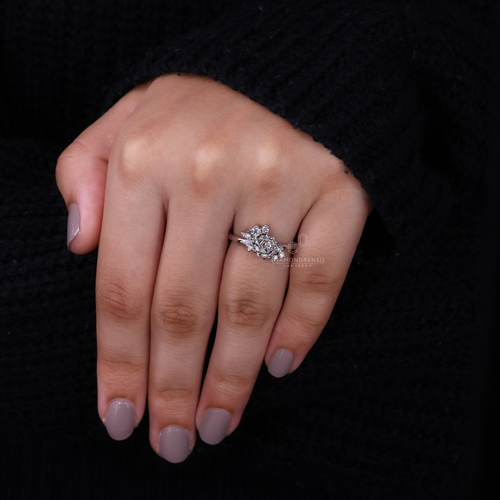 Lab Grown Diamond secured in prong setting ring.
