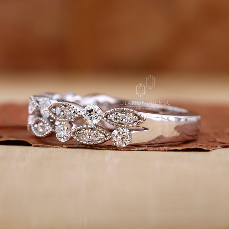 Double row diamond eternity band with milgrain details
