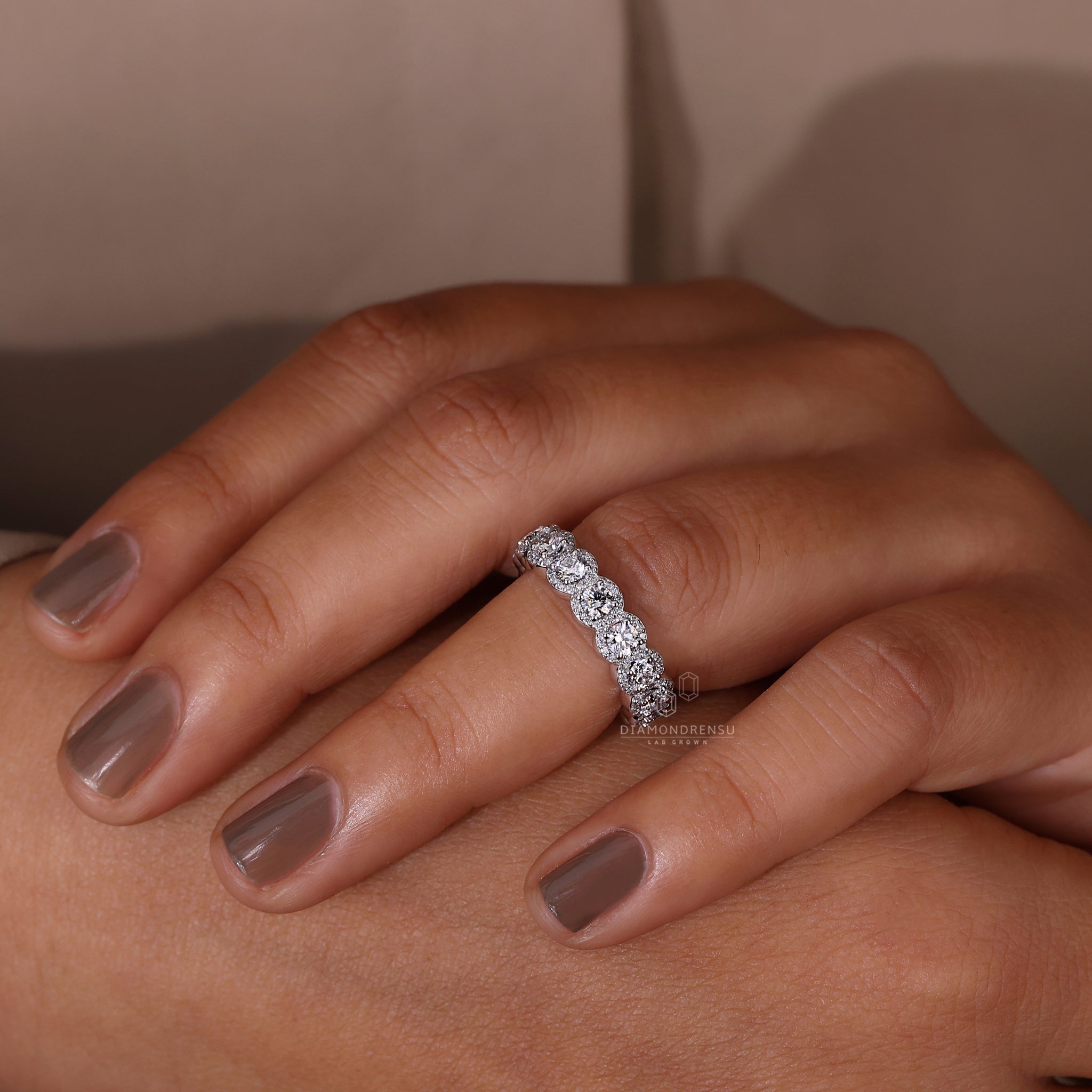 Handmade halo wedding band with lab grown round diamonds
