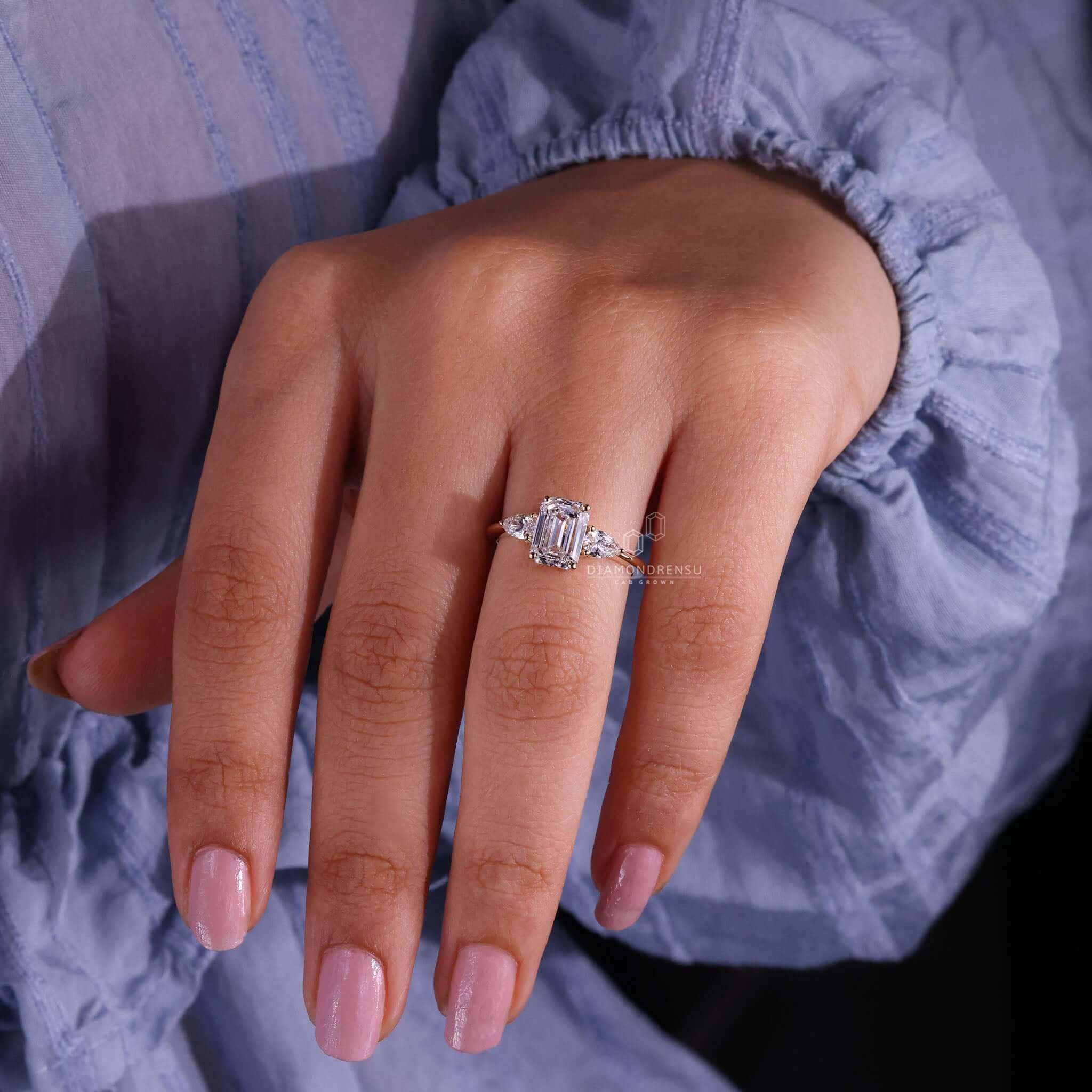 Emerald cut ring with a lab grown diamond, handmade jewellery.