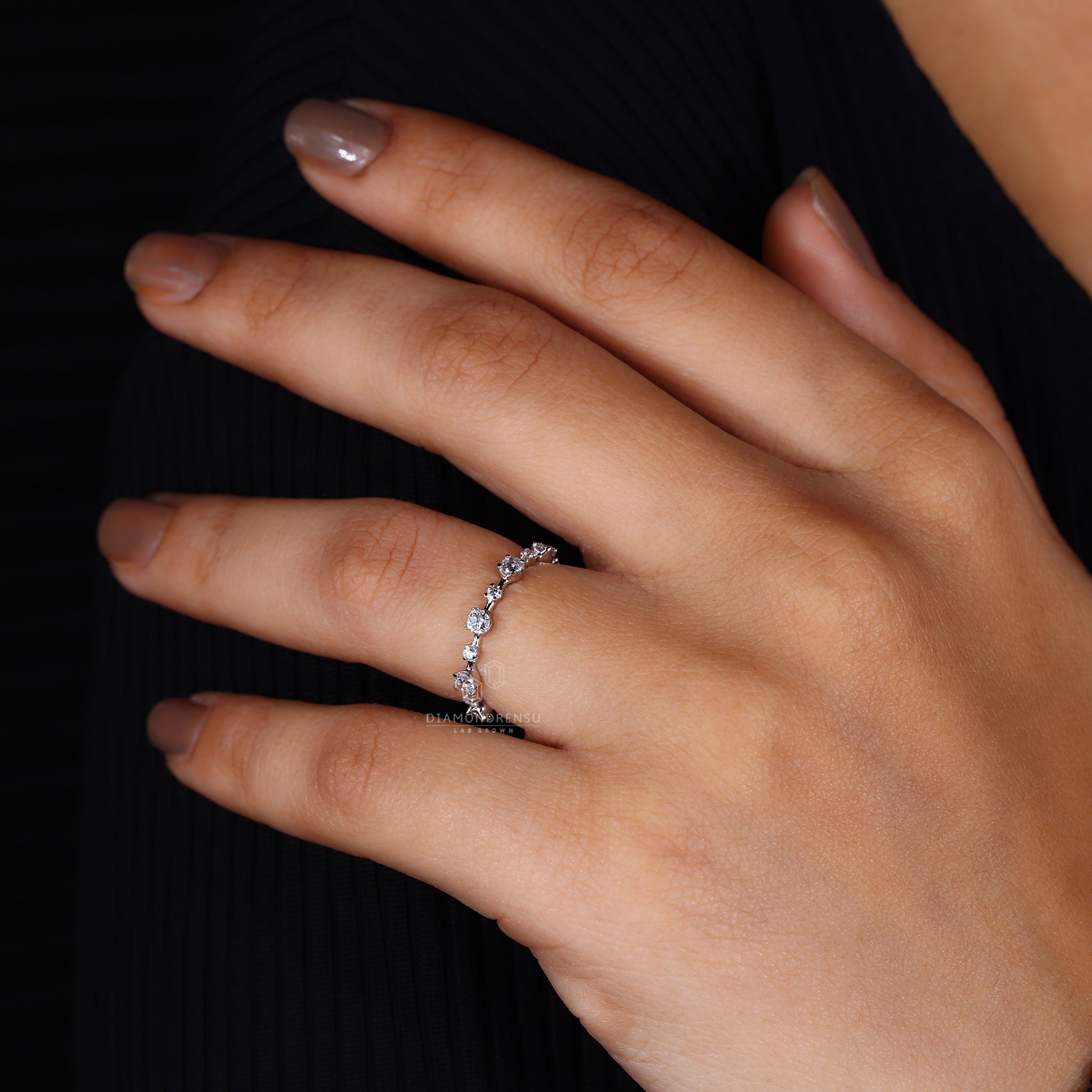 White gold lab diamond eternity band with round stones
