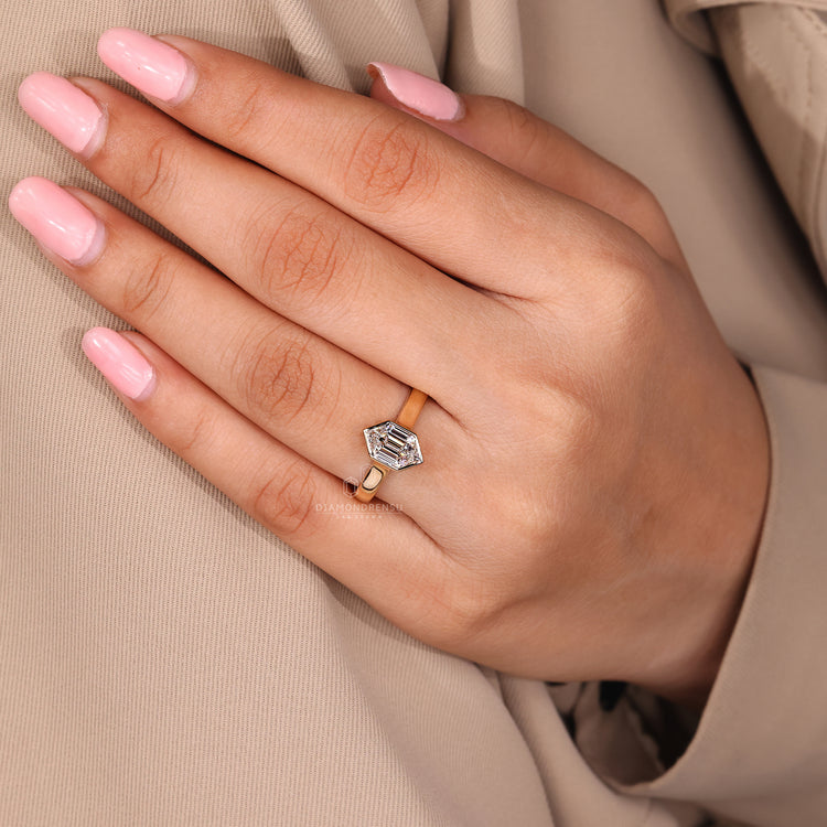 Custom engagement ring with hexagon diamond design.
