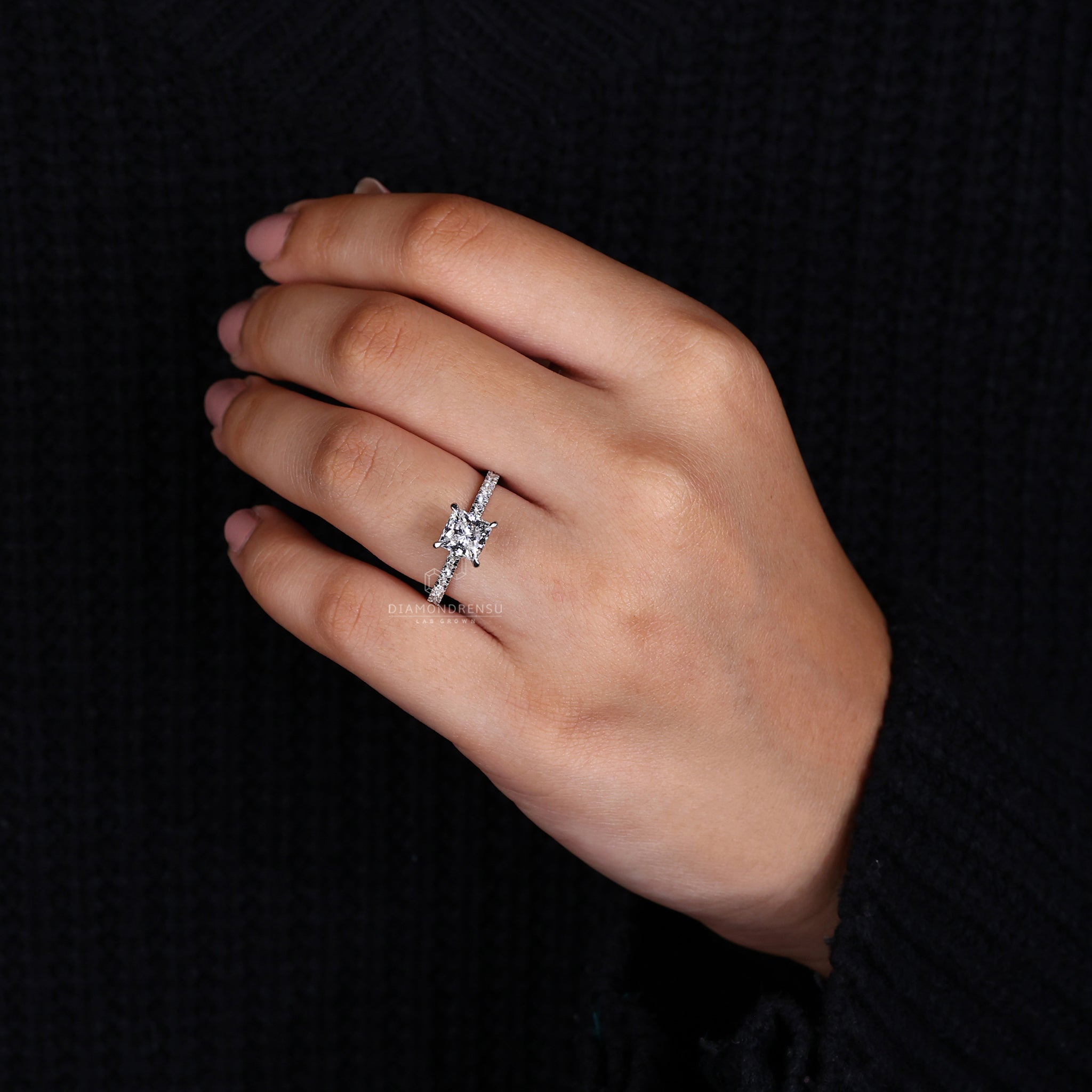 Lab Grown Diamond ring with white gold pave band.
