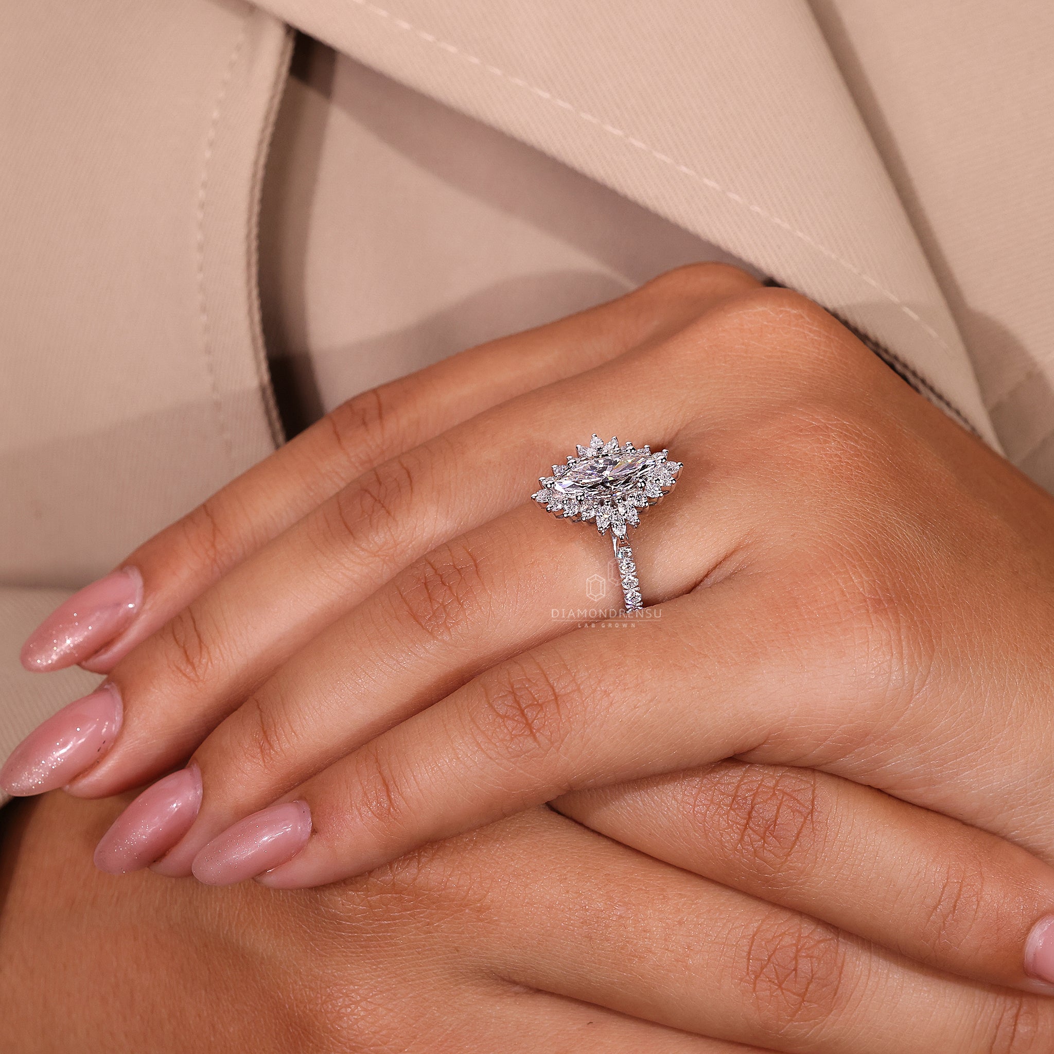 Buy engagement ring online with marquise halo and pave setting.
