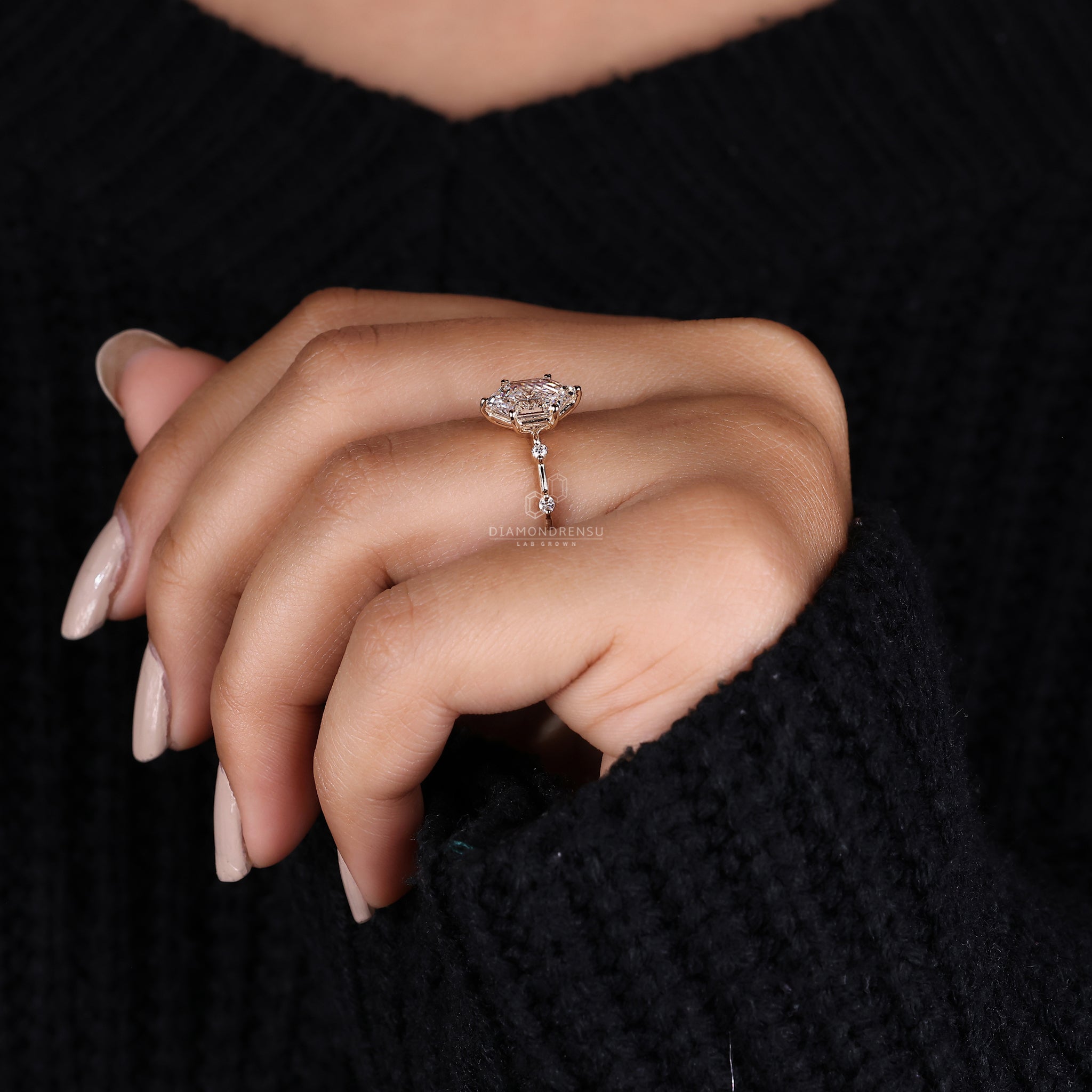 IGI certified hexagon engagement ring with pave diamonds.
