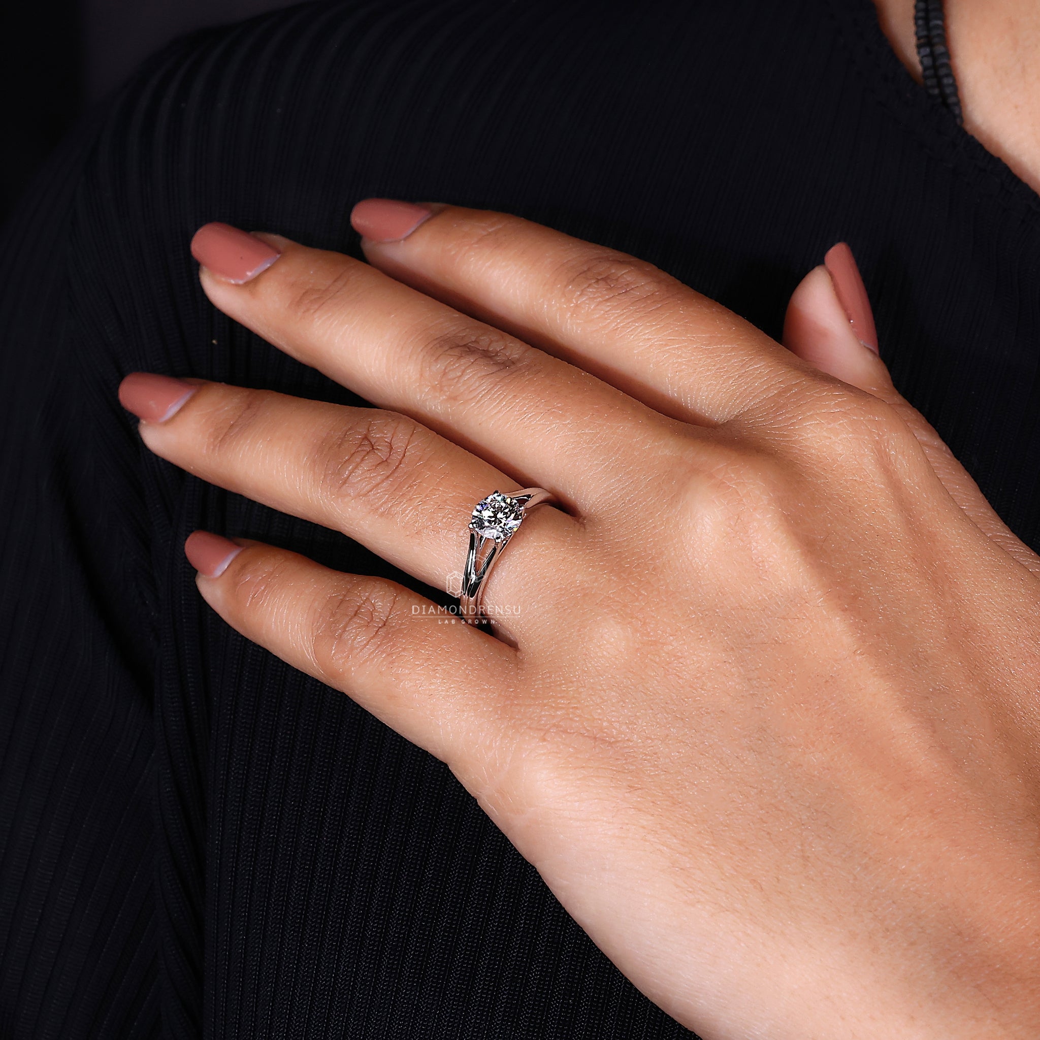 IGI certified lab grown diamond in a solitaire ring.

