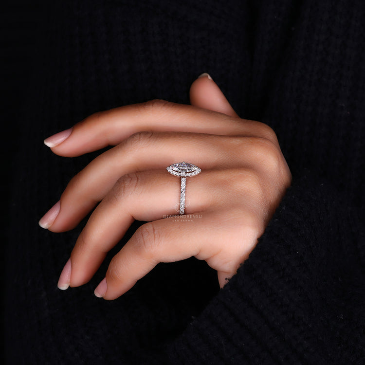 Lab Grown Diamond ring with halo and pave setting.
