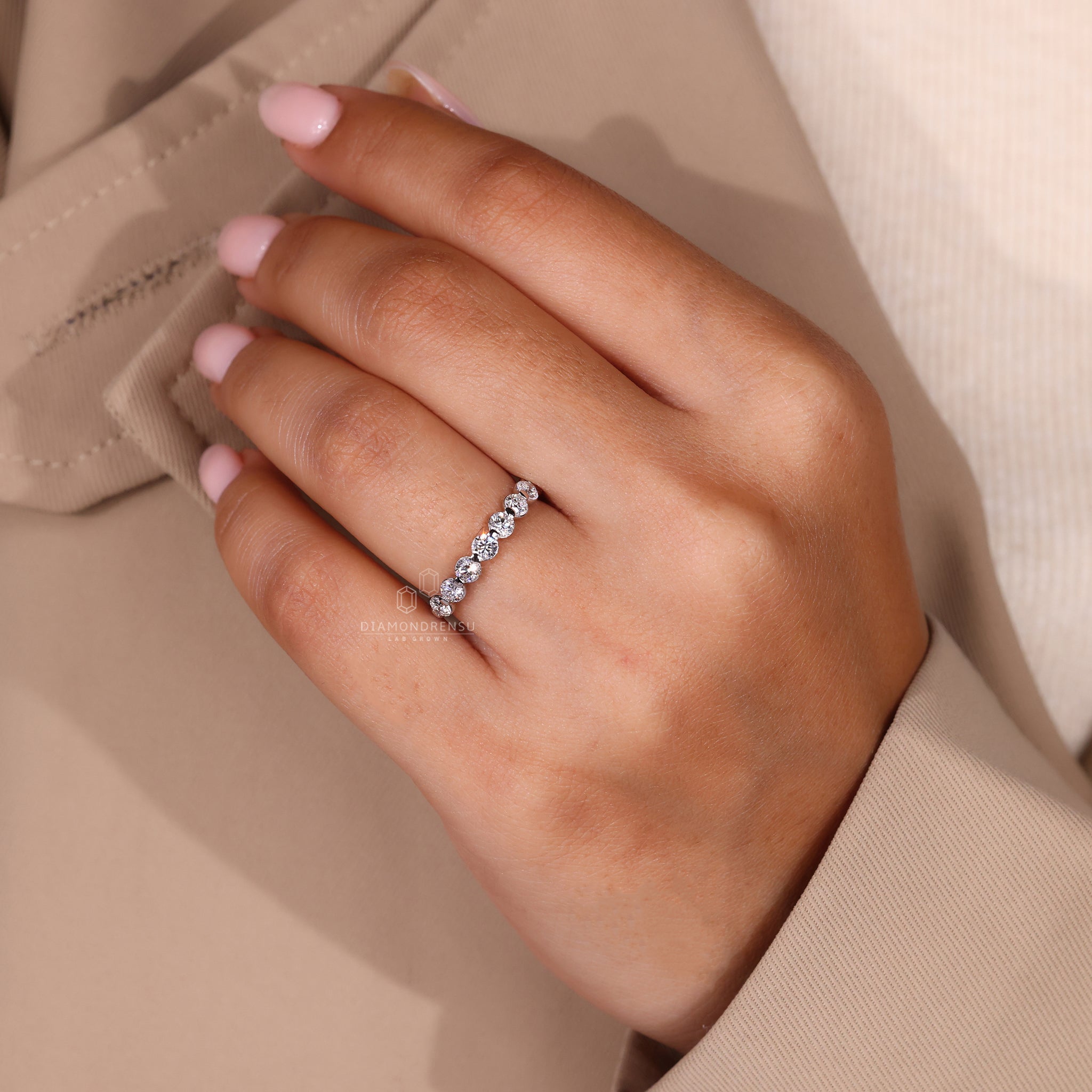 Shared Prong Wedding band in prong setting
