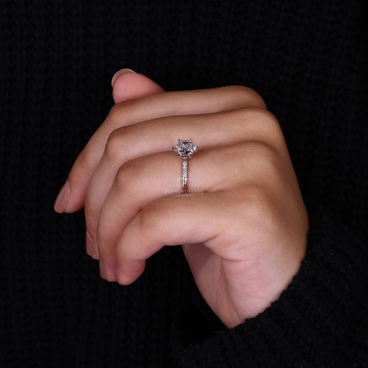 White gold engagement ring designed as hexagon ring.
