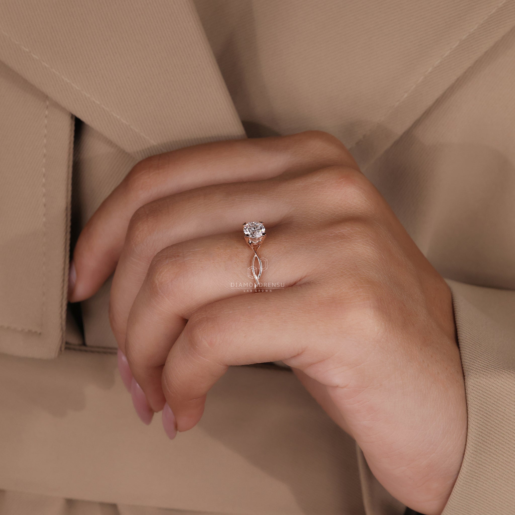 Lab diamond ring with hidden heart setting and hart shape prong design.
