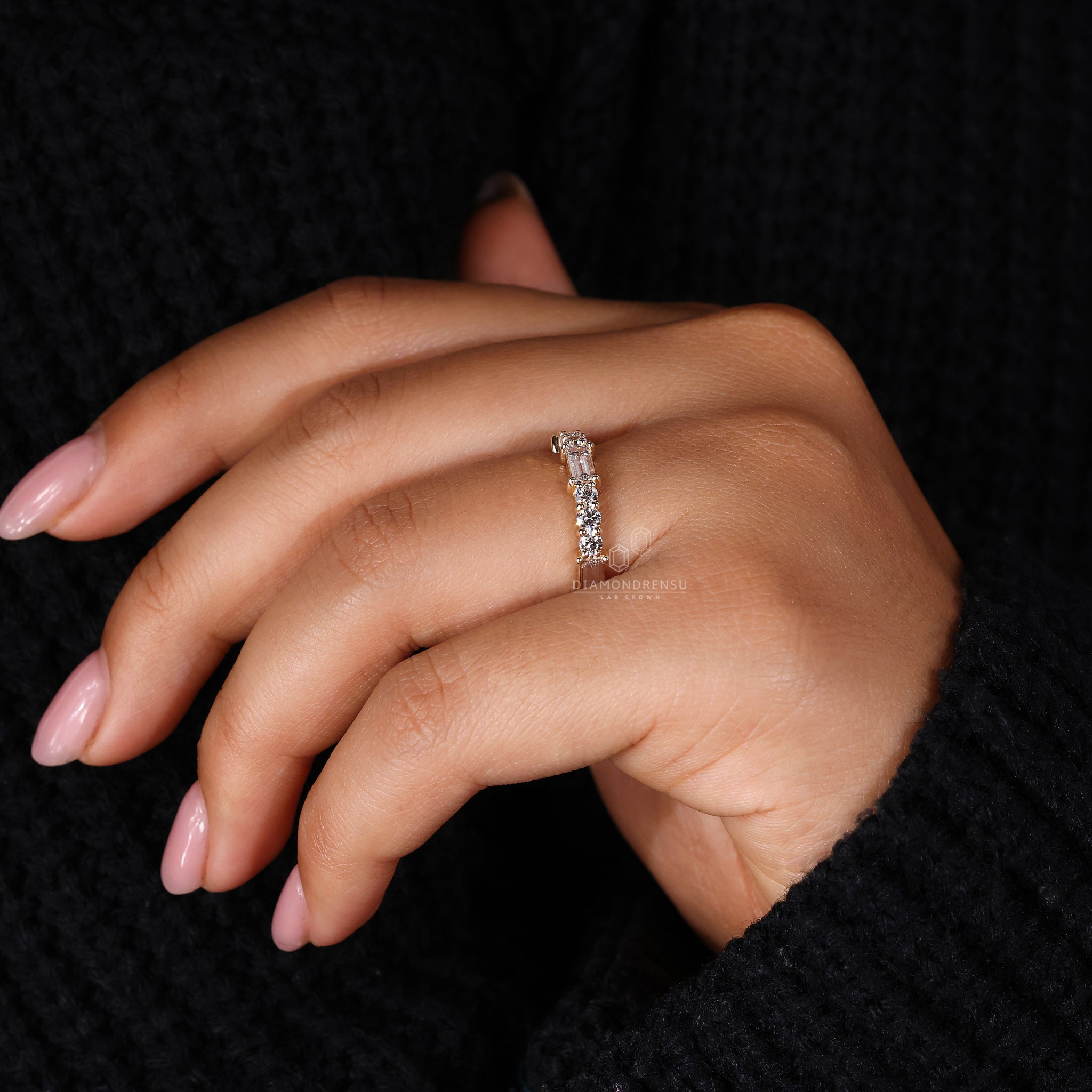 Half eternity wedding band with round diamond
