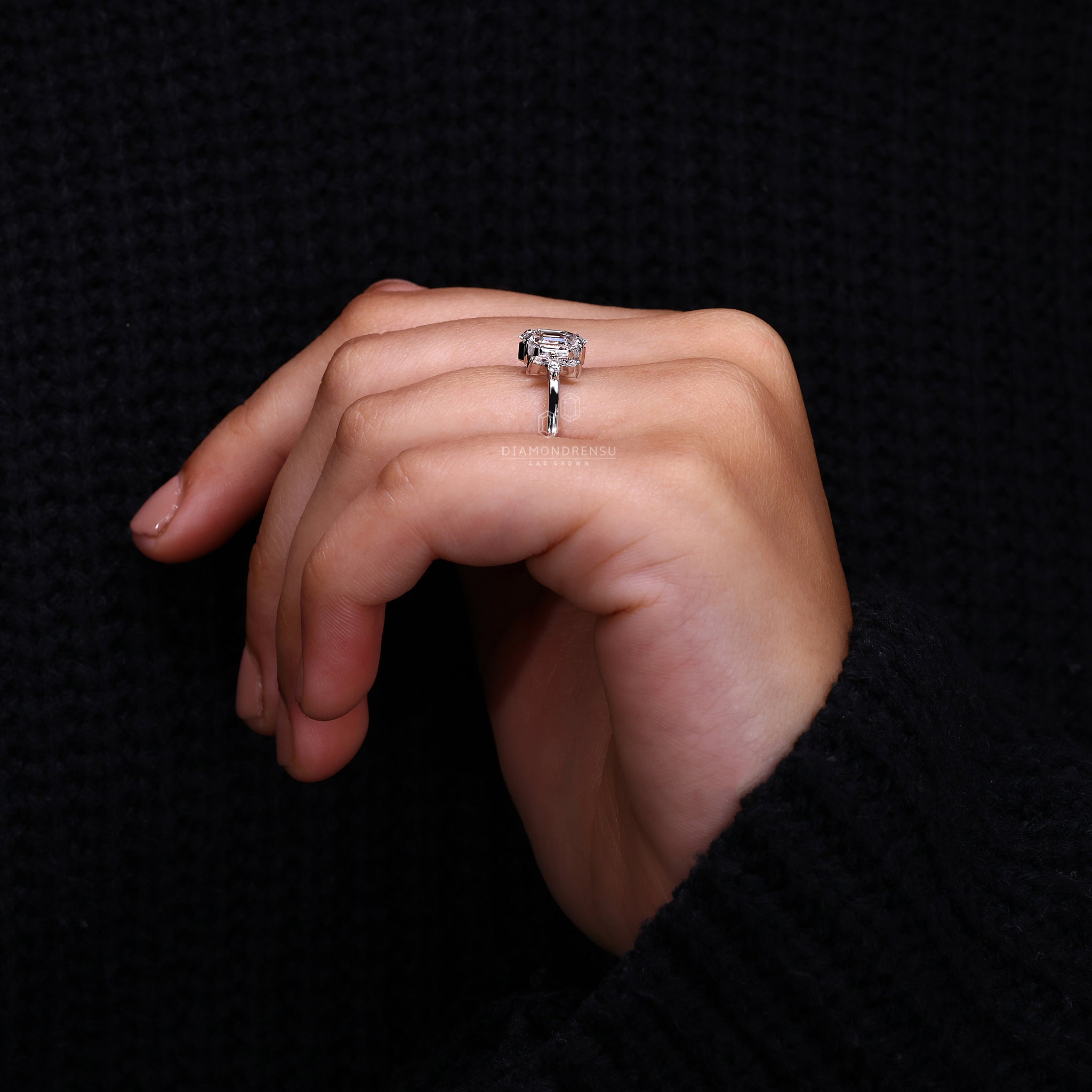 White gold ring designed as hexagon engagement ring.
