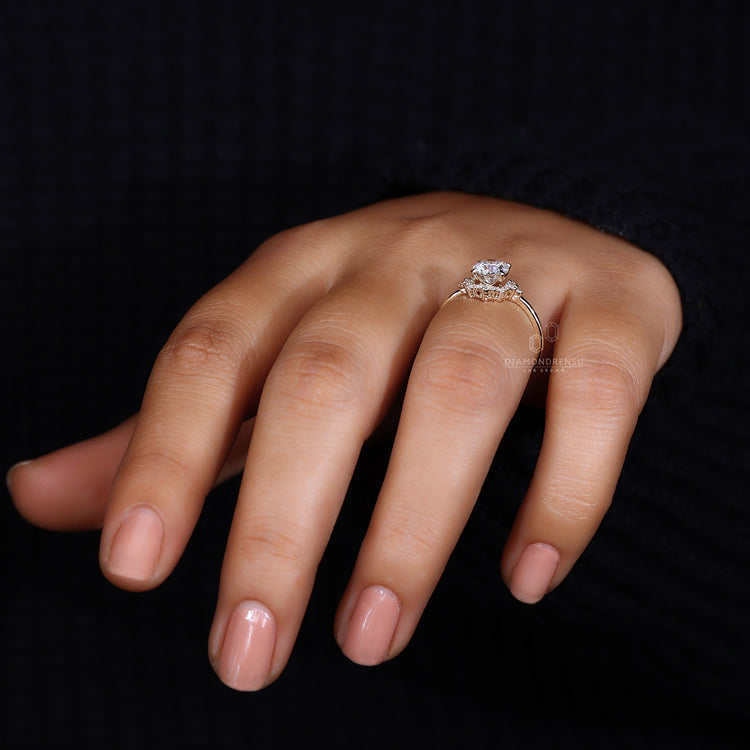 Yellow gold engagement ring with half halo.
