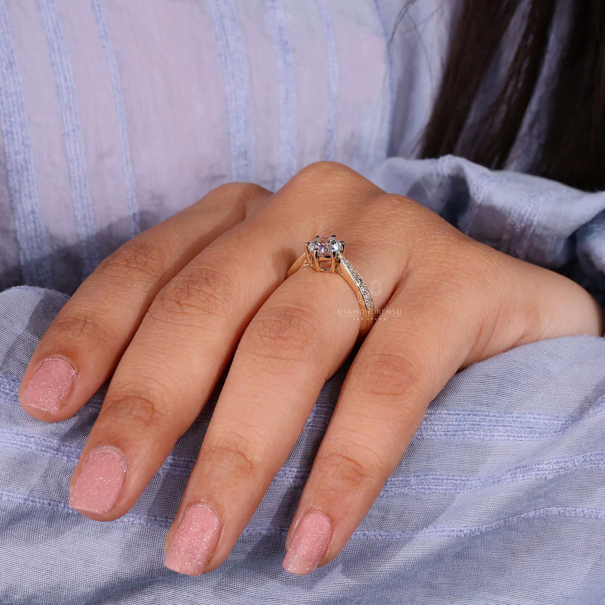 Six prong diamond ring showcasing a unique engagement ring style for special moments.
