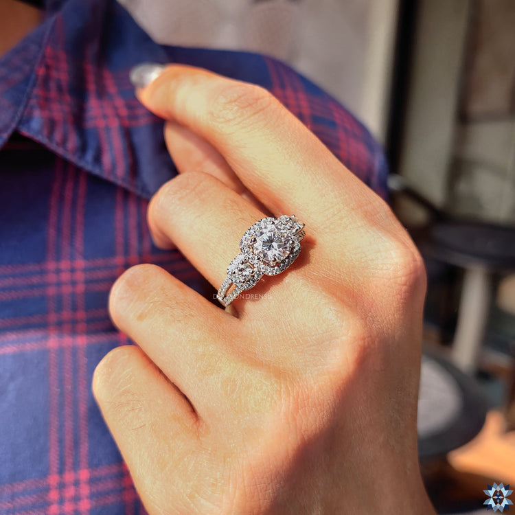 Buy moissanite ring with split shank and halo style.
