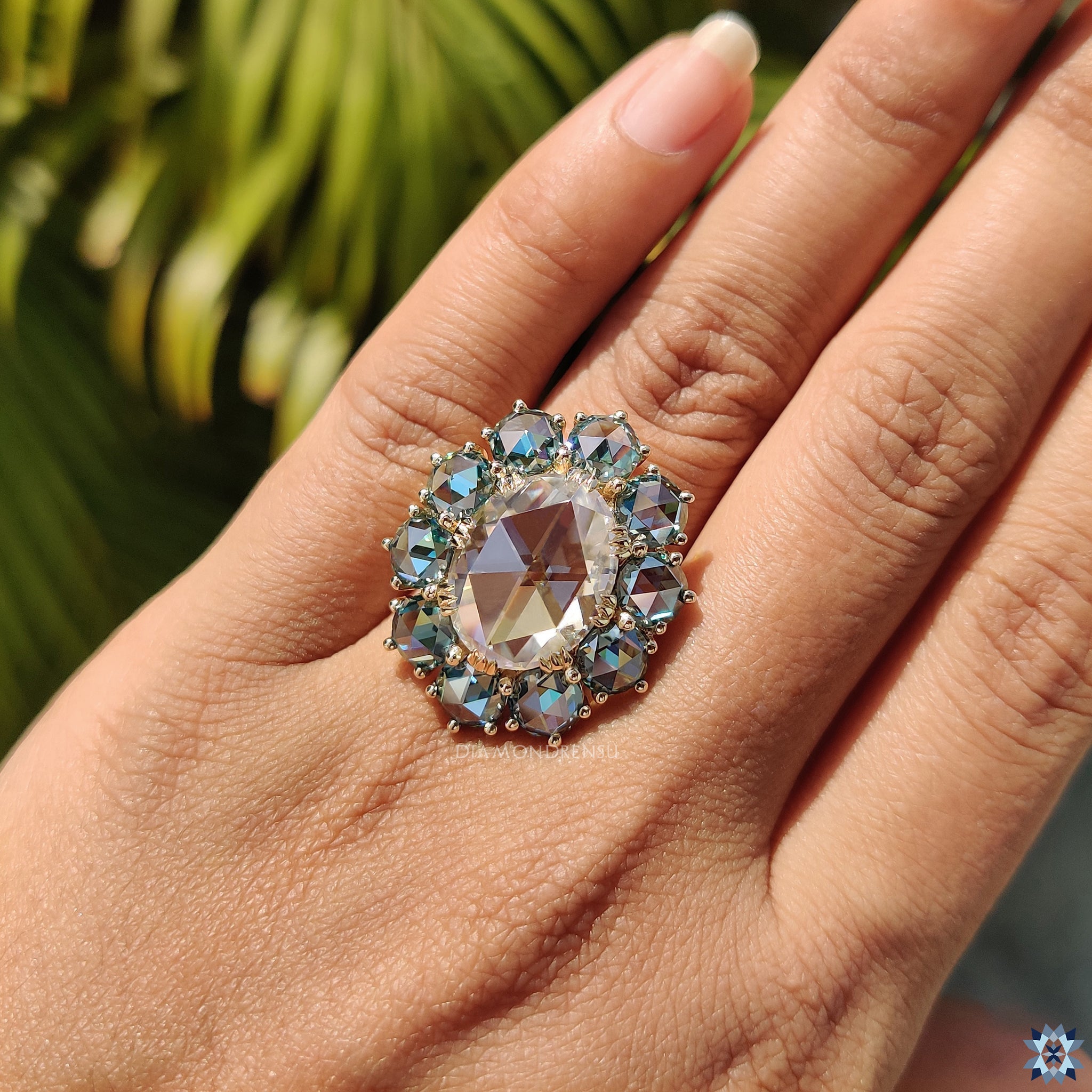 Pave band engagement ring in oval rose cut ring design
