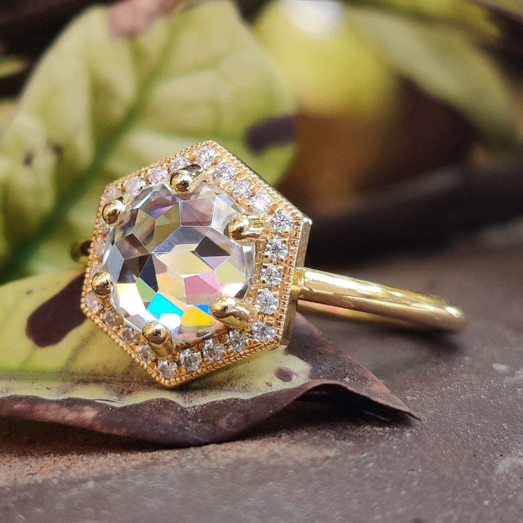 Rose cut moissanite engagement ring in yellow gold.
