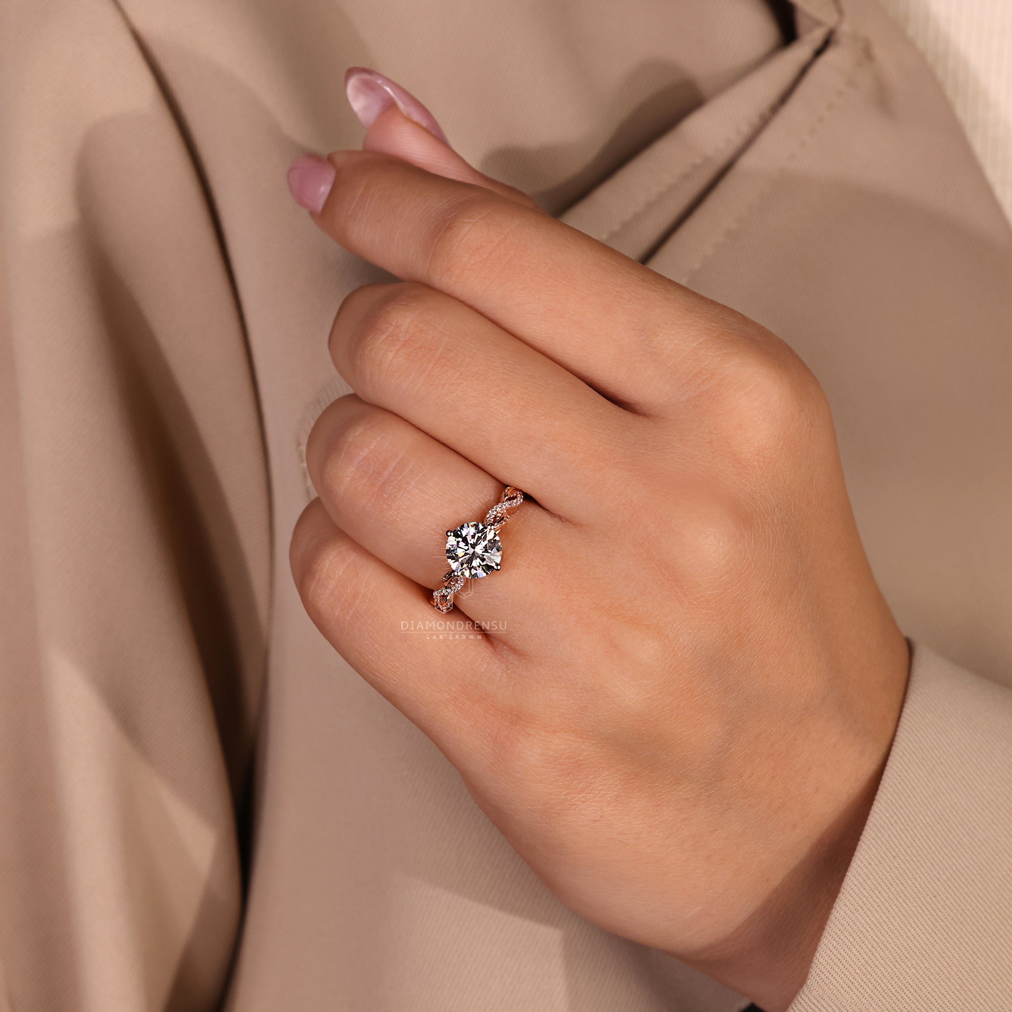 Twisted Pave Engagement Ring in compass prong setting
