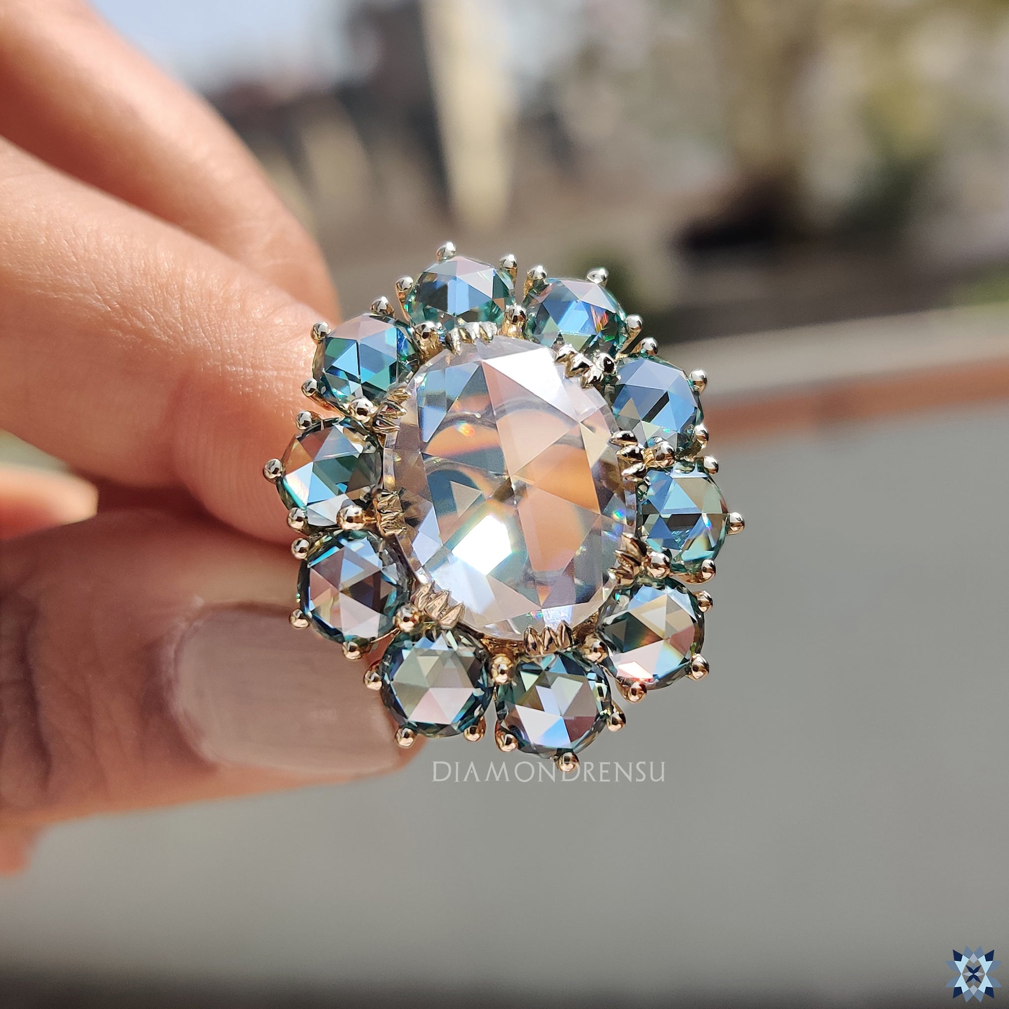 Vintage engagement ring in pave band engagement ring style
