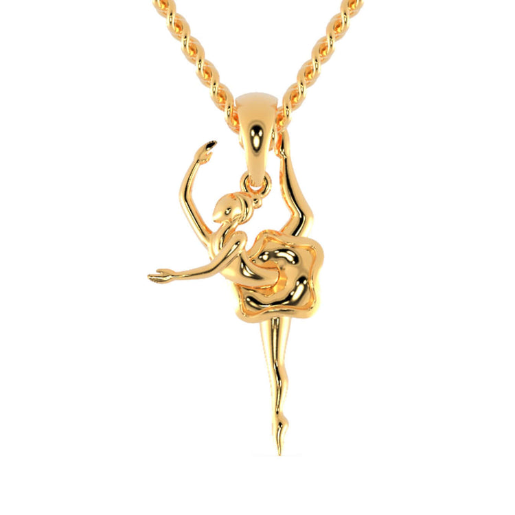 Gold angel pendant with intricate dancing design.
