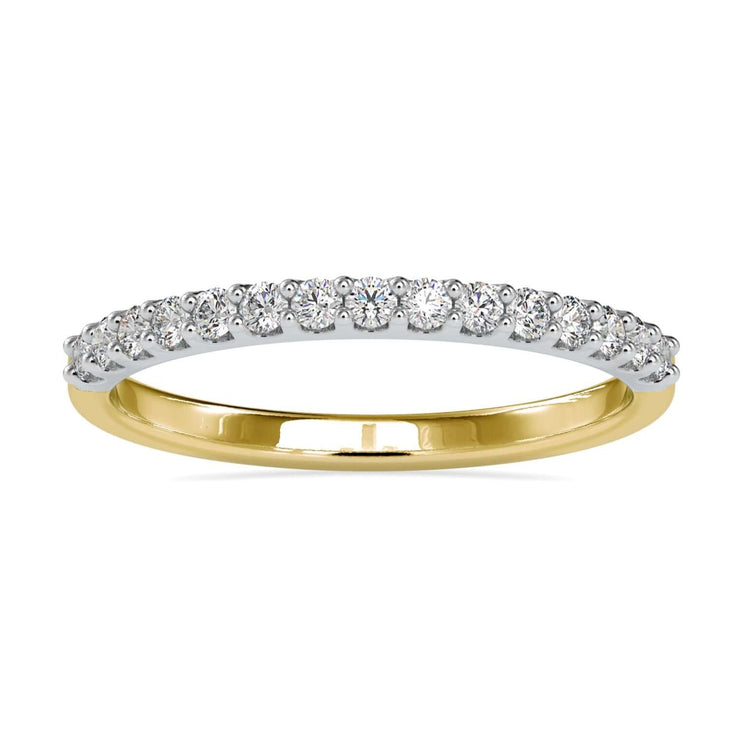 Round cut diamond gold band in half eternity design.
