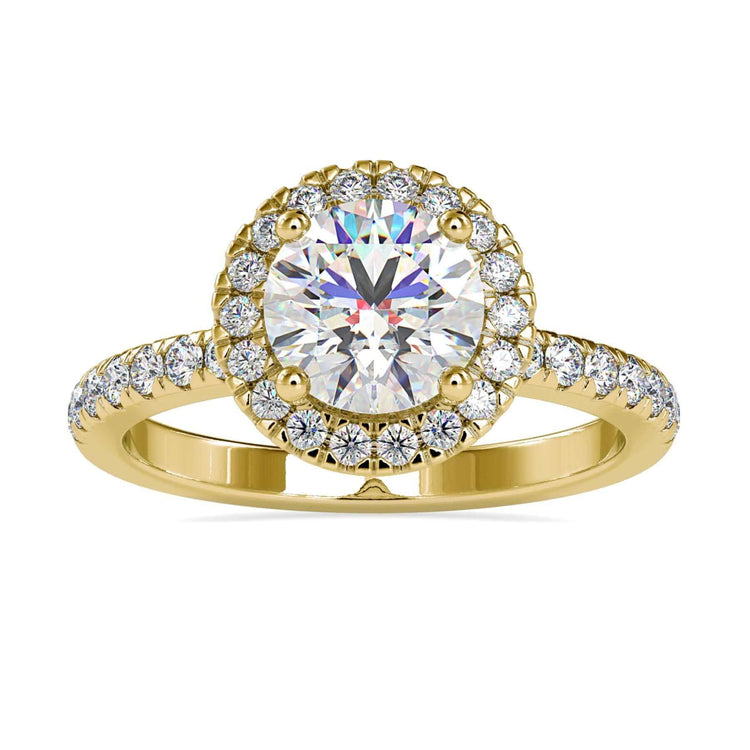 Lab grown diamond ring with round cut halo setting.
