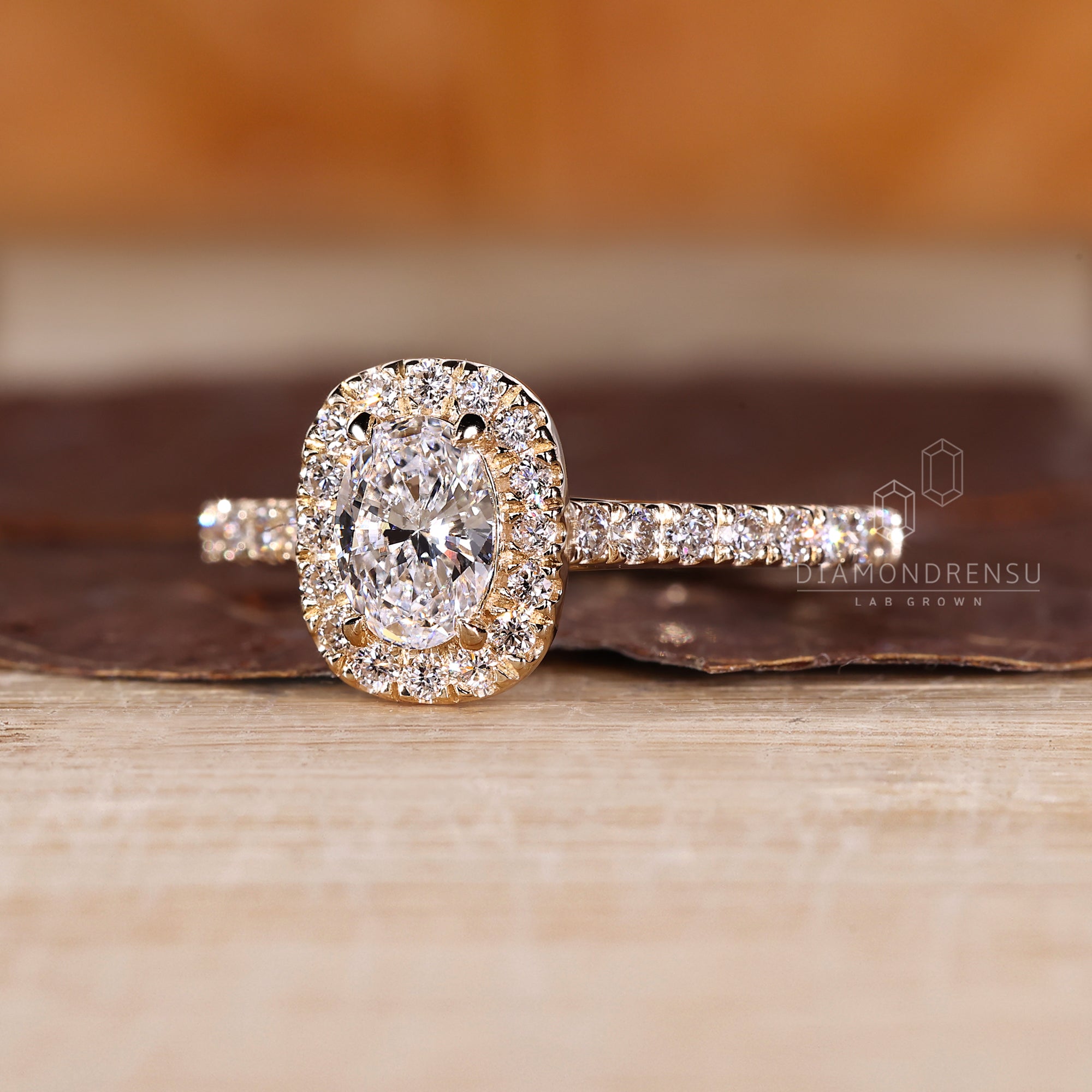Halo diamond ring in a cathedral style setting.
