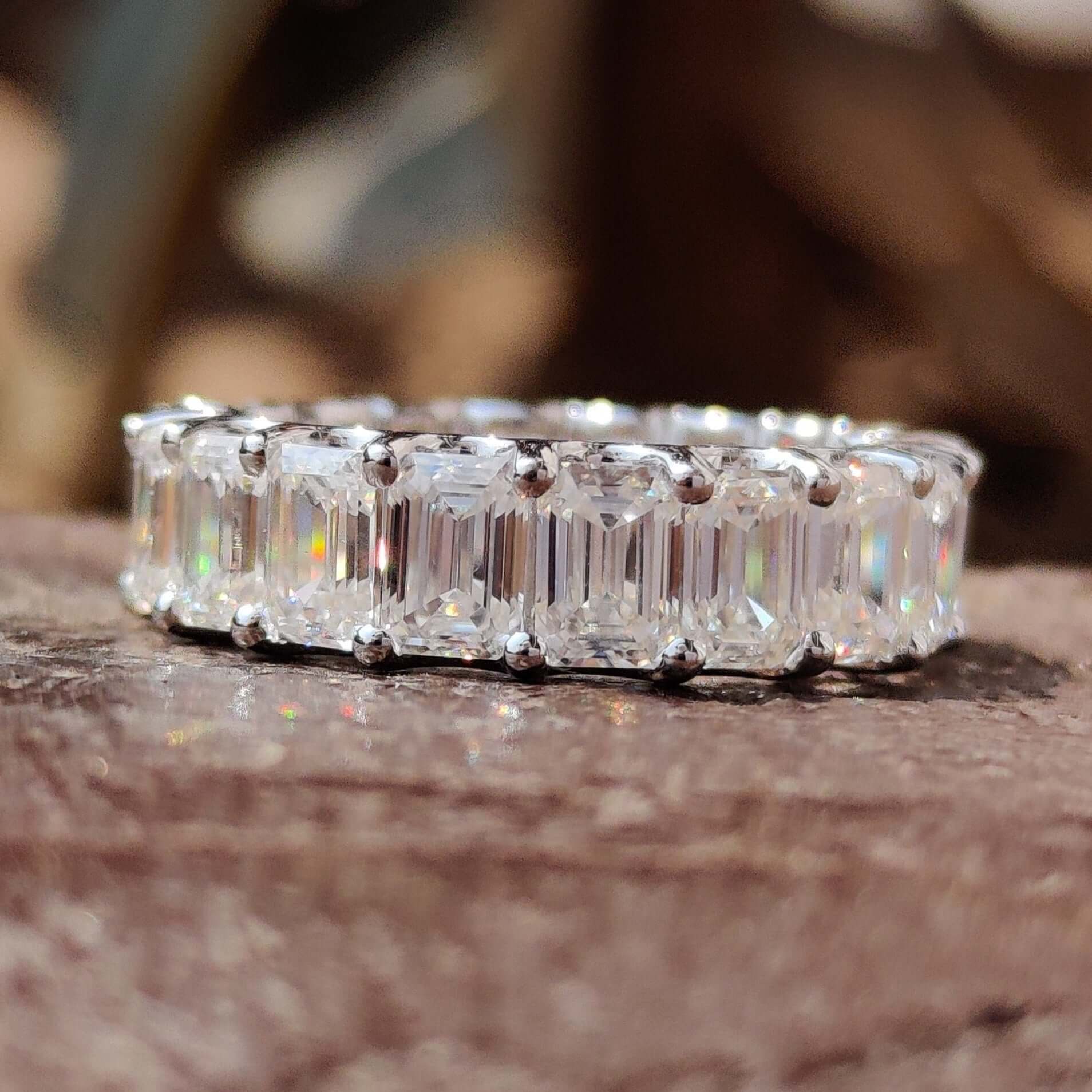 Stunning Emerald Eternity Band with round prongs, designed for timeless elegance and lasting beauty.