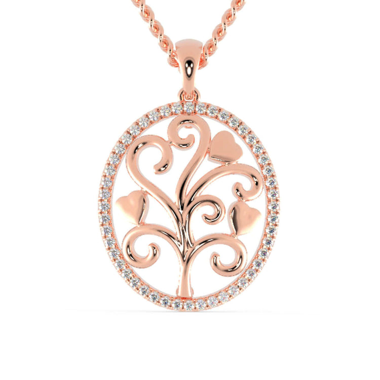 Gold tree of life pendant with round diamond outline.
