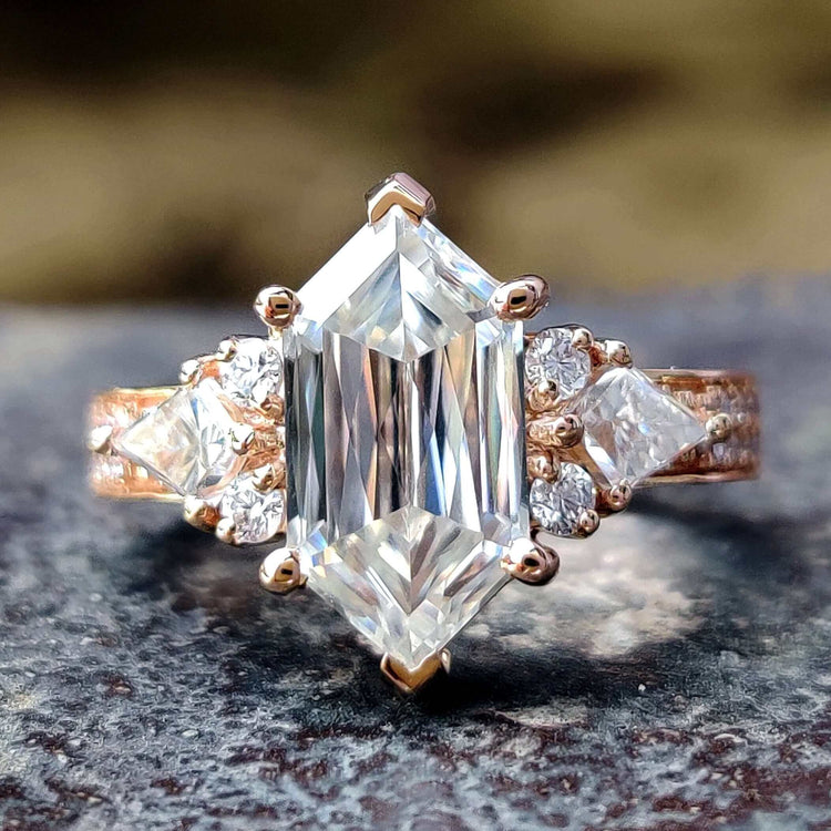 Hexagon Criss cut ring with rose gold band.

