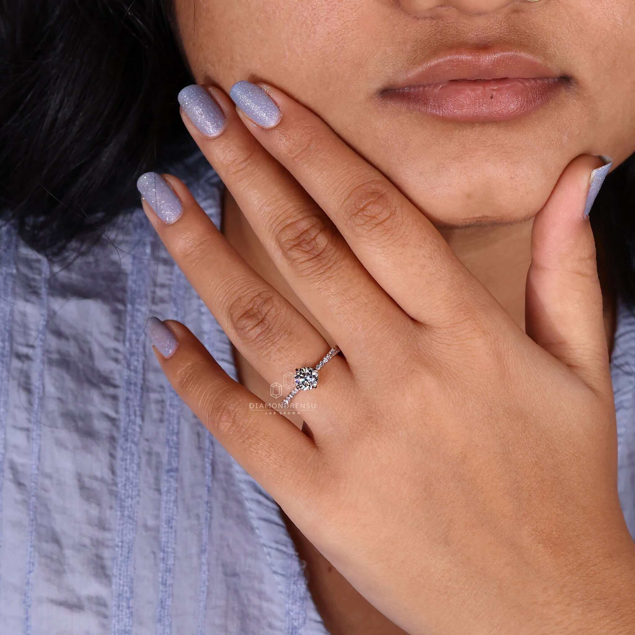 Handmade pave engagement ring with IGI certified lab-grown diamonds.