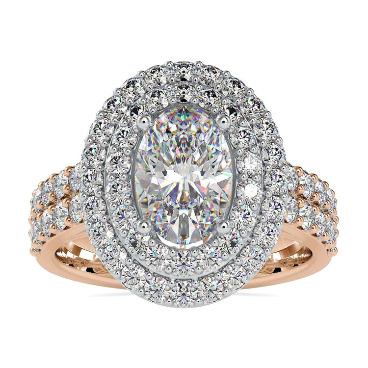 Double halo oval diamond ring with round side stones in white gold.
