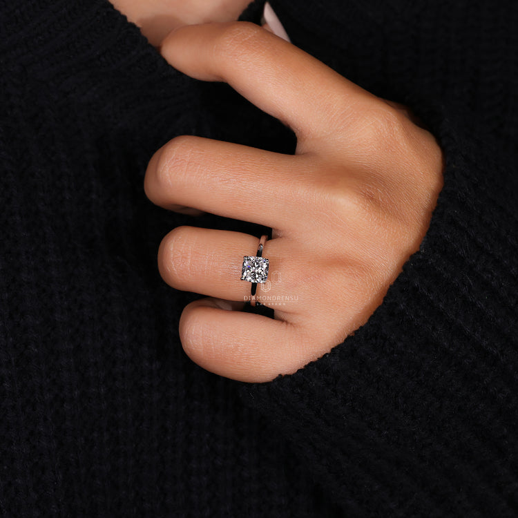 IGI certified lab grown diamond in a cushion cut diamond ring.
