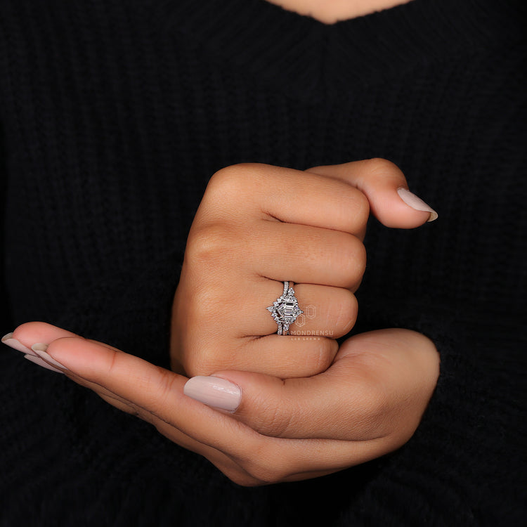 Lab grown diamond in handmade bridal set with chevron wedding band.
